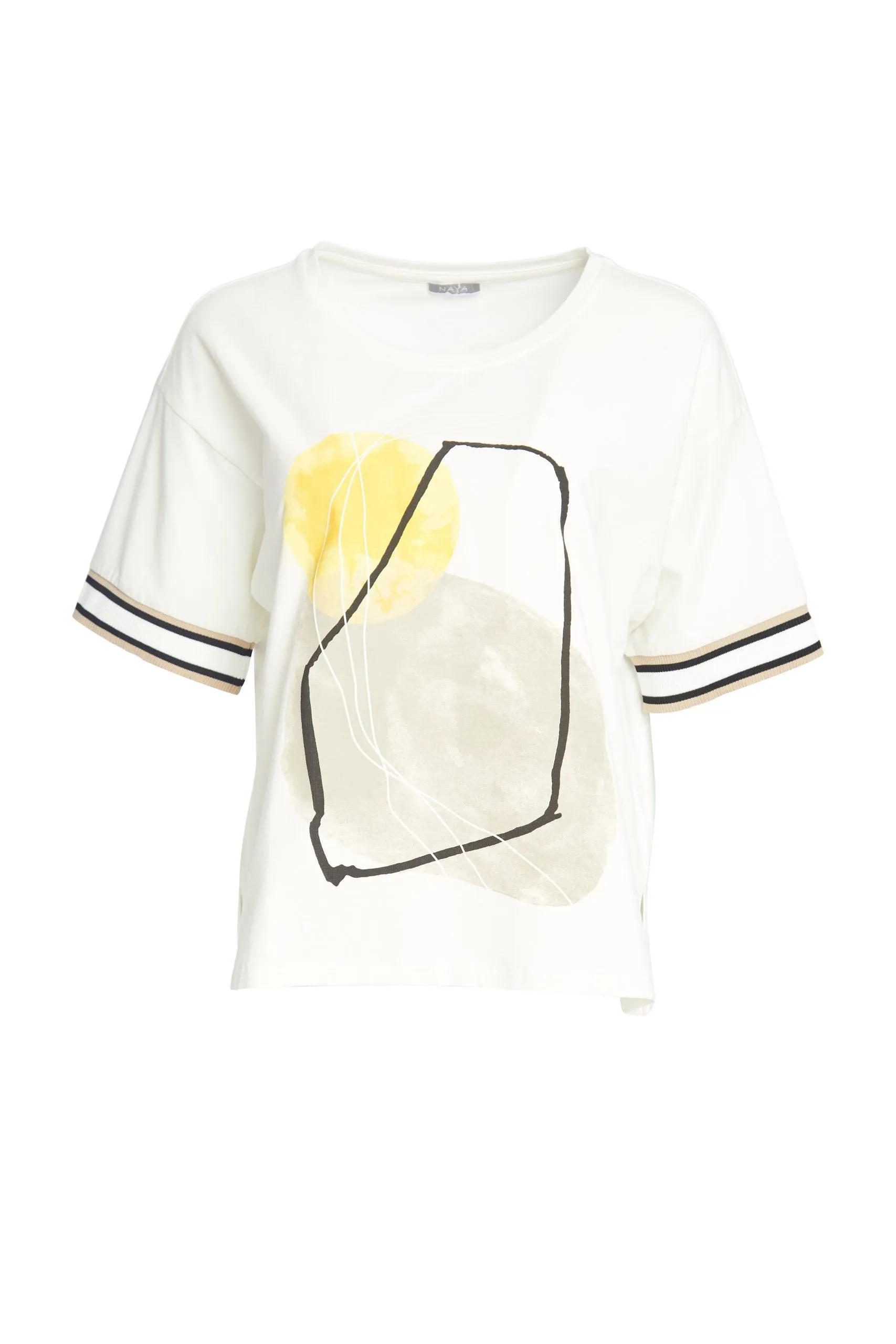 129- Placement print Tee w/ Knit trim White/Lemon- Naya