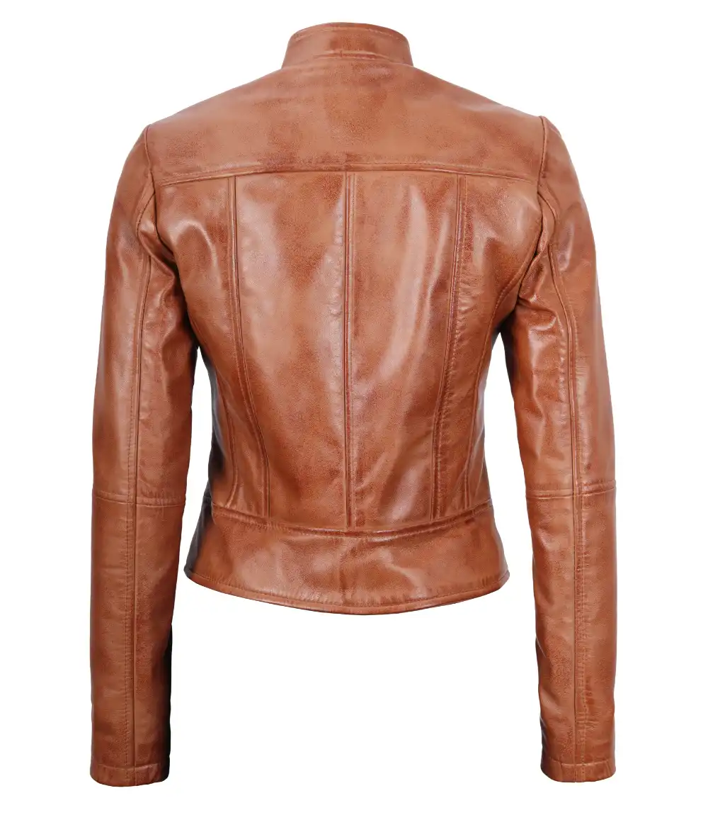 Amy Cafe Racer Tan Tall Leather Jacket Women's