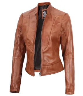 Amy Cafe Racer Tan Tall Leather Jacket Women's