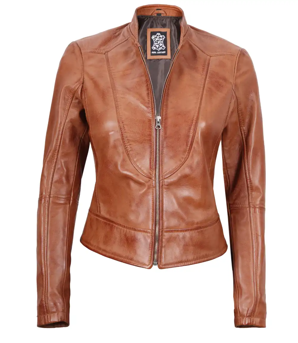 Amy Cafe Racer Tan Tall Leather Jacket Women's