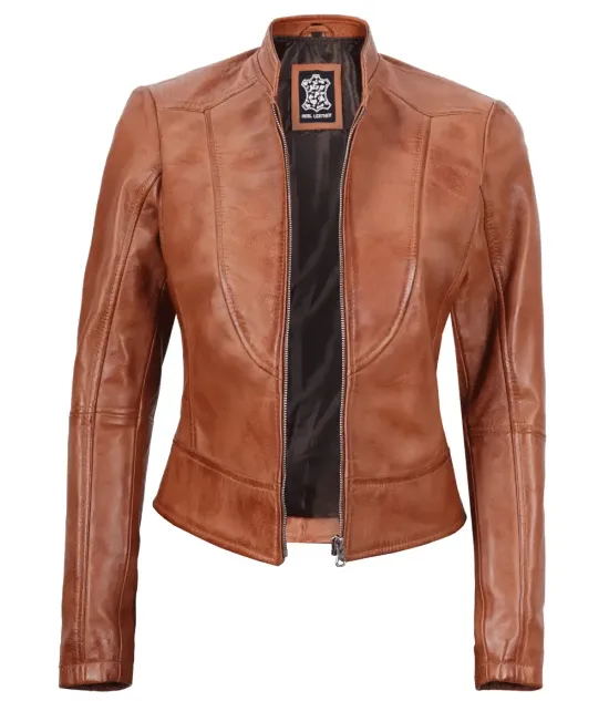 Amy Cafe Racer Tan Tall Leather Jacket Women's