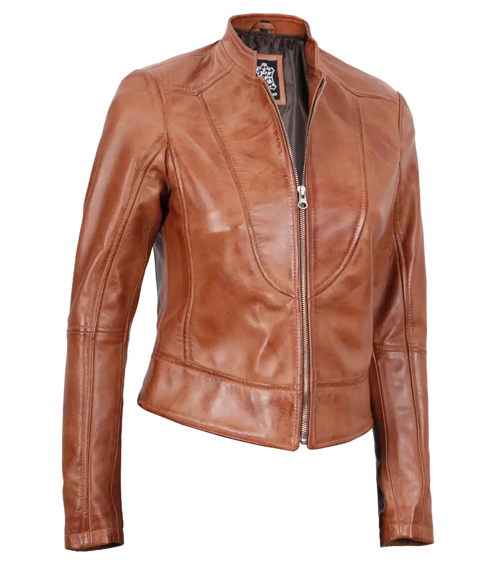 Amy Cafe Racer Tan Tall Leather Jacket Women's