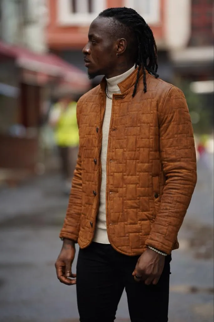 Avion Slim Fit Camel Nubuck Leather Jacket