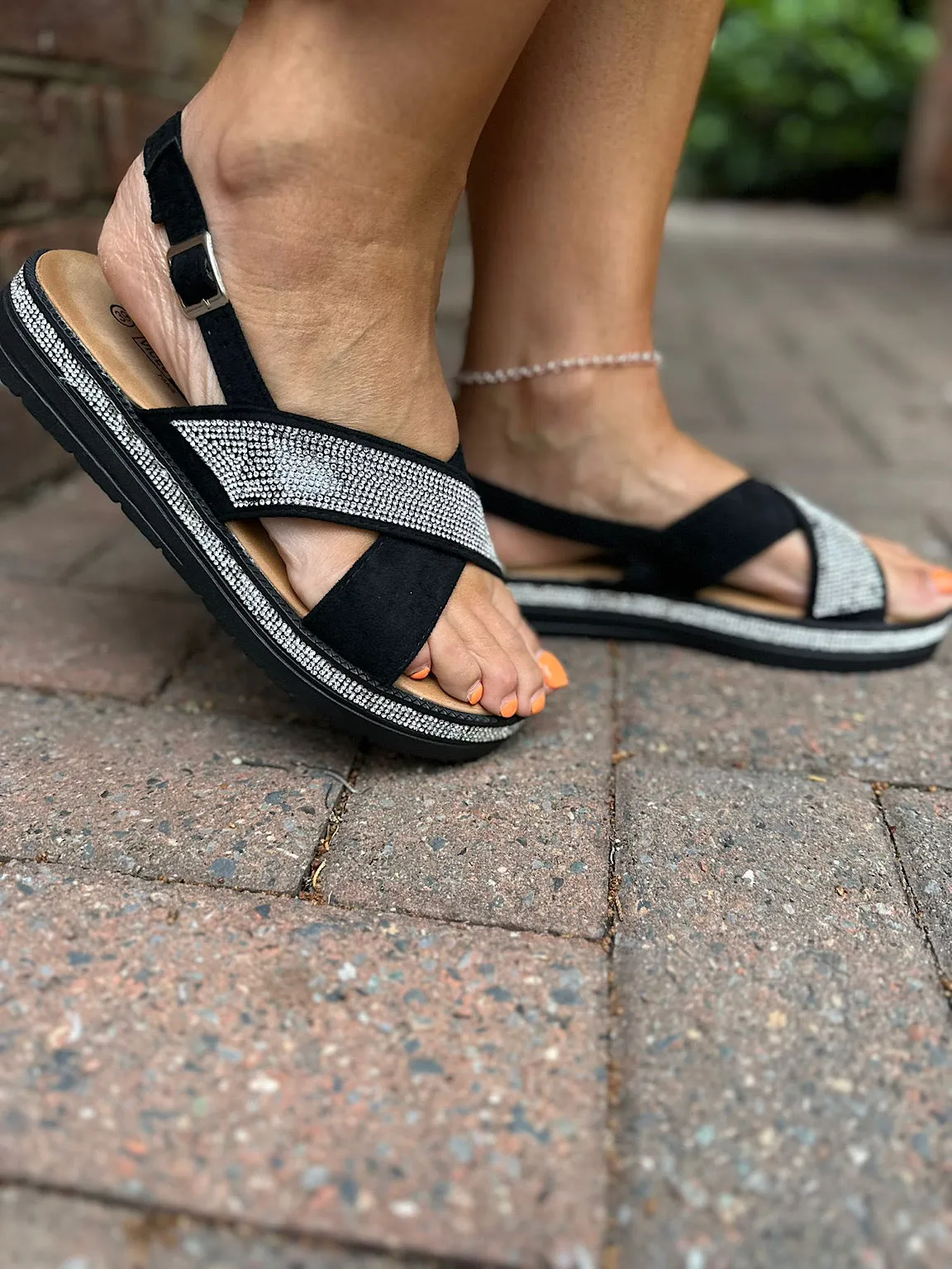 Black Faux Suede Diamante Cross Over Sandals