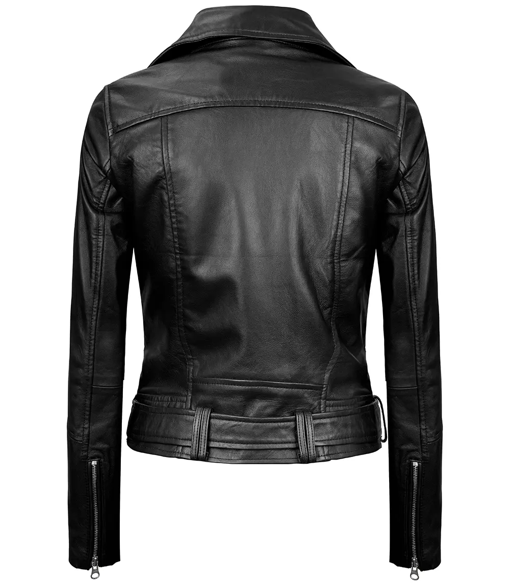 Black Leather Asymmetrical Biker Jacket Women