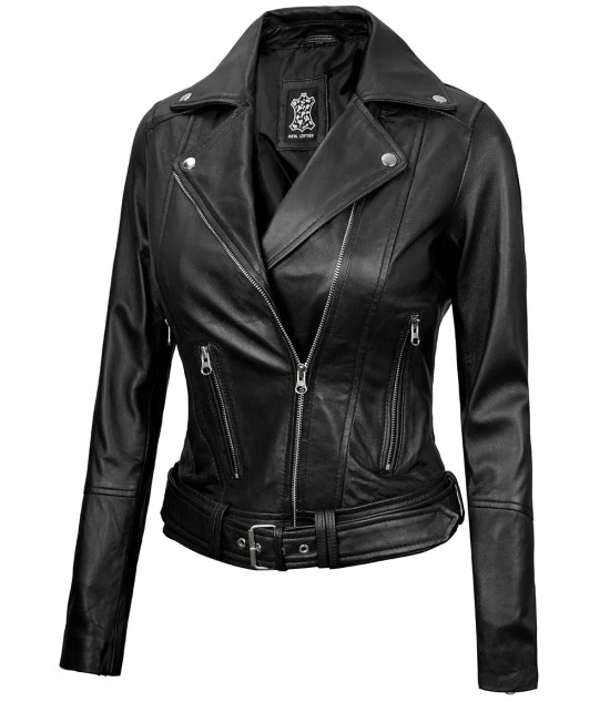 Black Leather Asymmetrical Biker Jacket Women