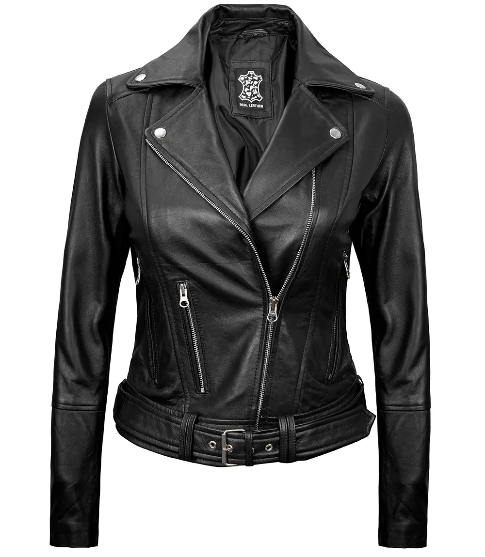 Black Leather Asymmetrical Biker Jacket Women