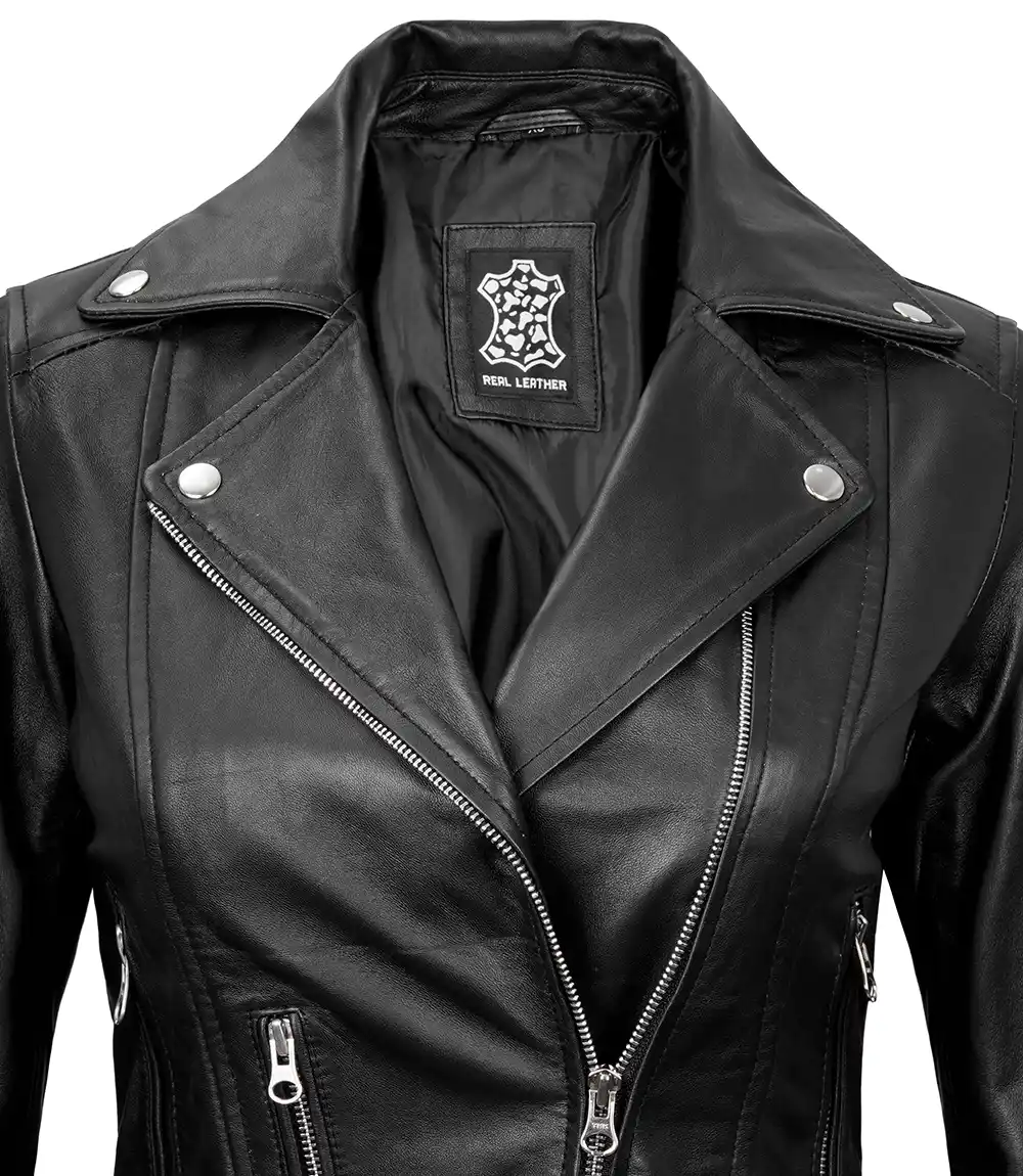 Black Leather Asymmetrical Biker Jacket Women