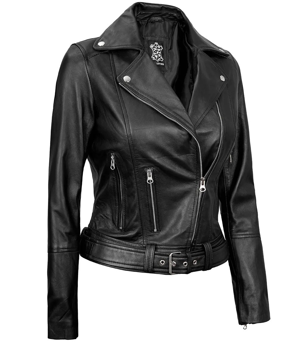 Black Leather Asymmetrical Biker Jacket Women