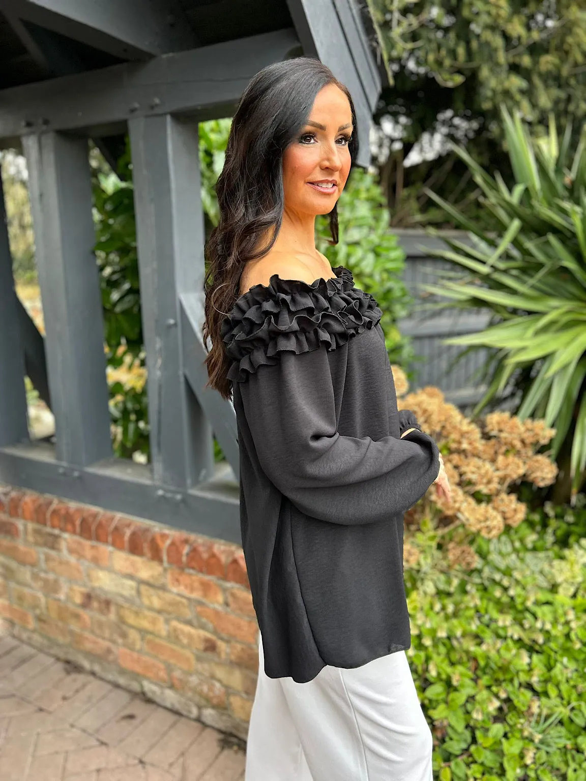 Black Ruffle Bardot Top Heidi