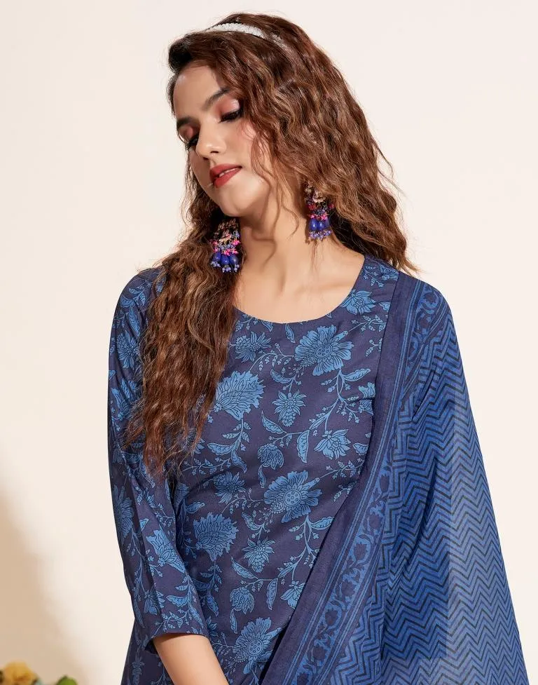 Blue Printed Straight Kurta Kurti With Pant And Dupatta