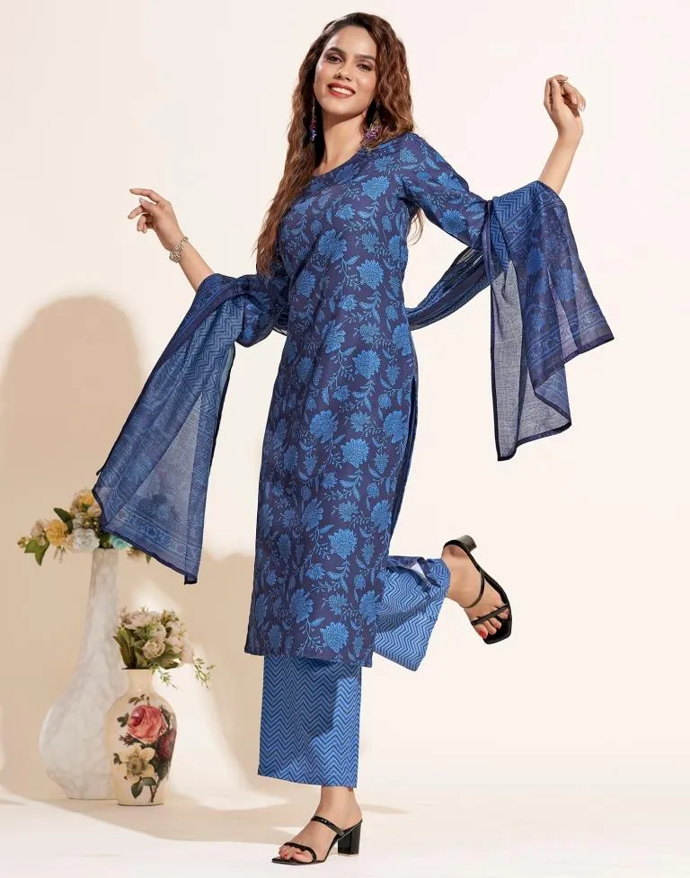 Blue Printed Straight Kurta Kurti With Pant And Dupatta