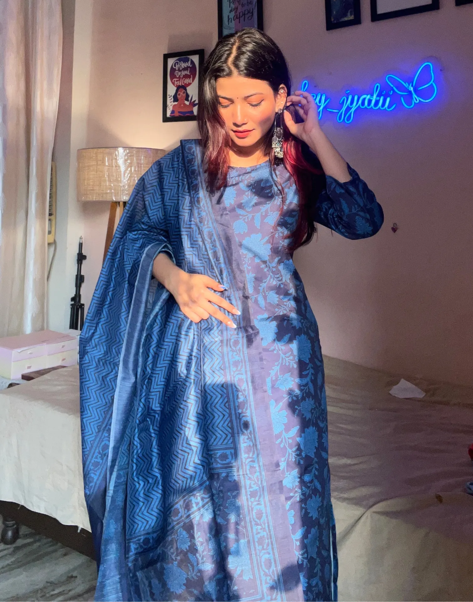 Blue Printed Straight Kurta Kurti With Pant And Dupatta