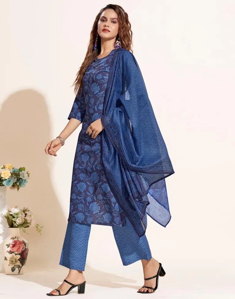 Blue Printed Straight Kurta Kurti With Pant And Dupatta