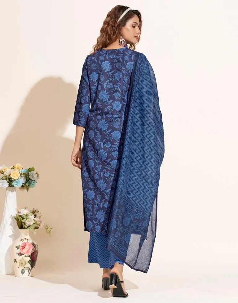 Blue Printed Straight Kurta Kurti With Pant And Dupatta