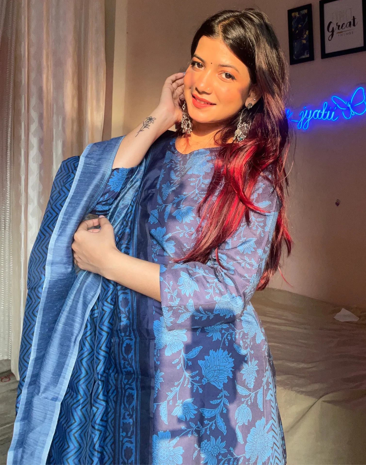 Blue Printed Straight Kurta Kurti With Pant And Dupatta