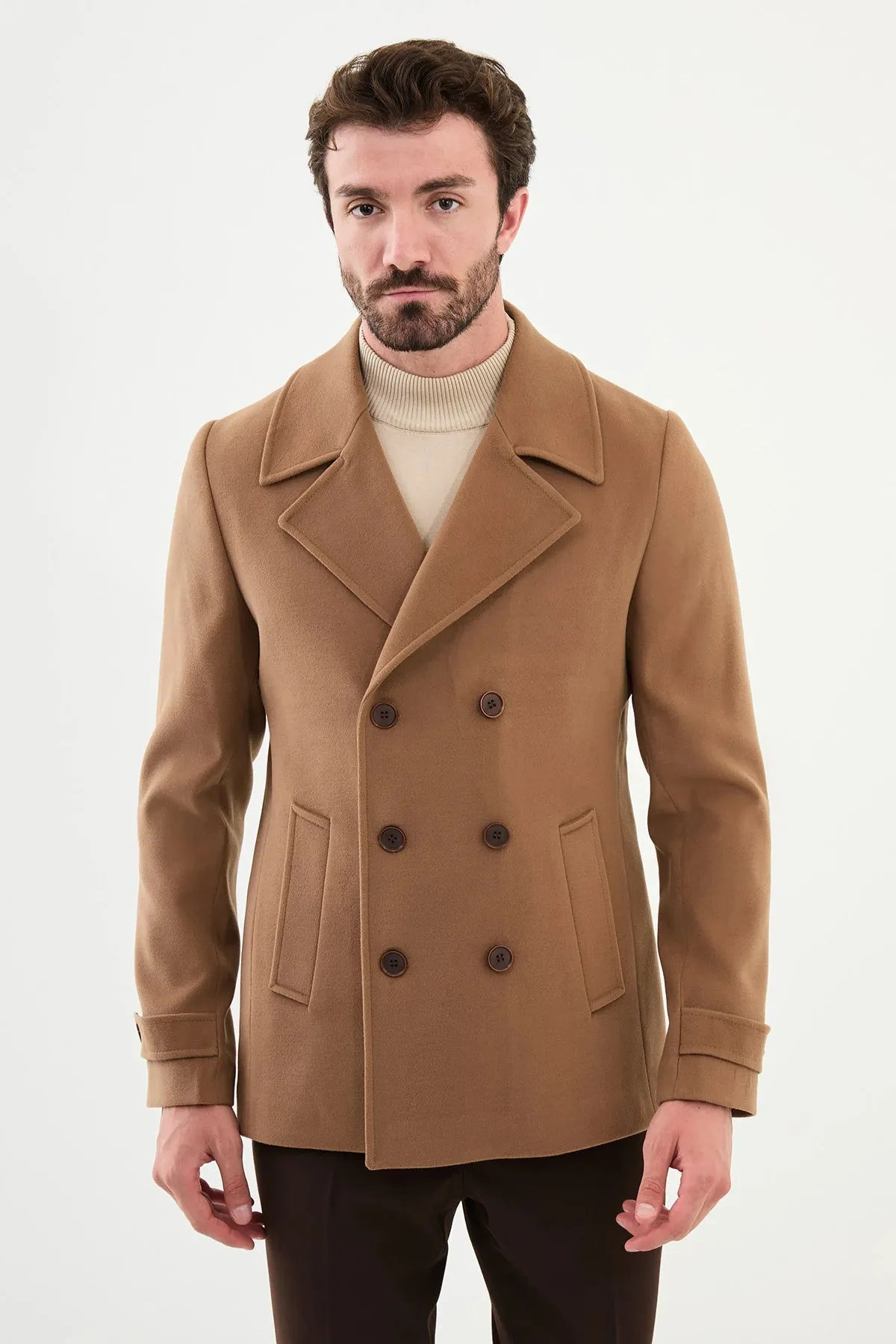 Bojoni Capena Plain Slim Fit Wool  Beige Coat