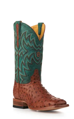 Cavender's Men's Green and Cognac Full Quill Ostrich Rafter C Wide Square Toe Exotic Cowboy Boots