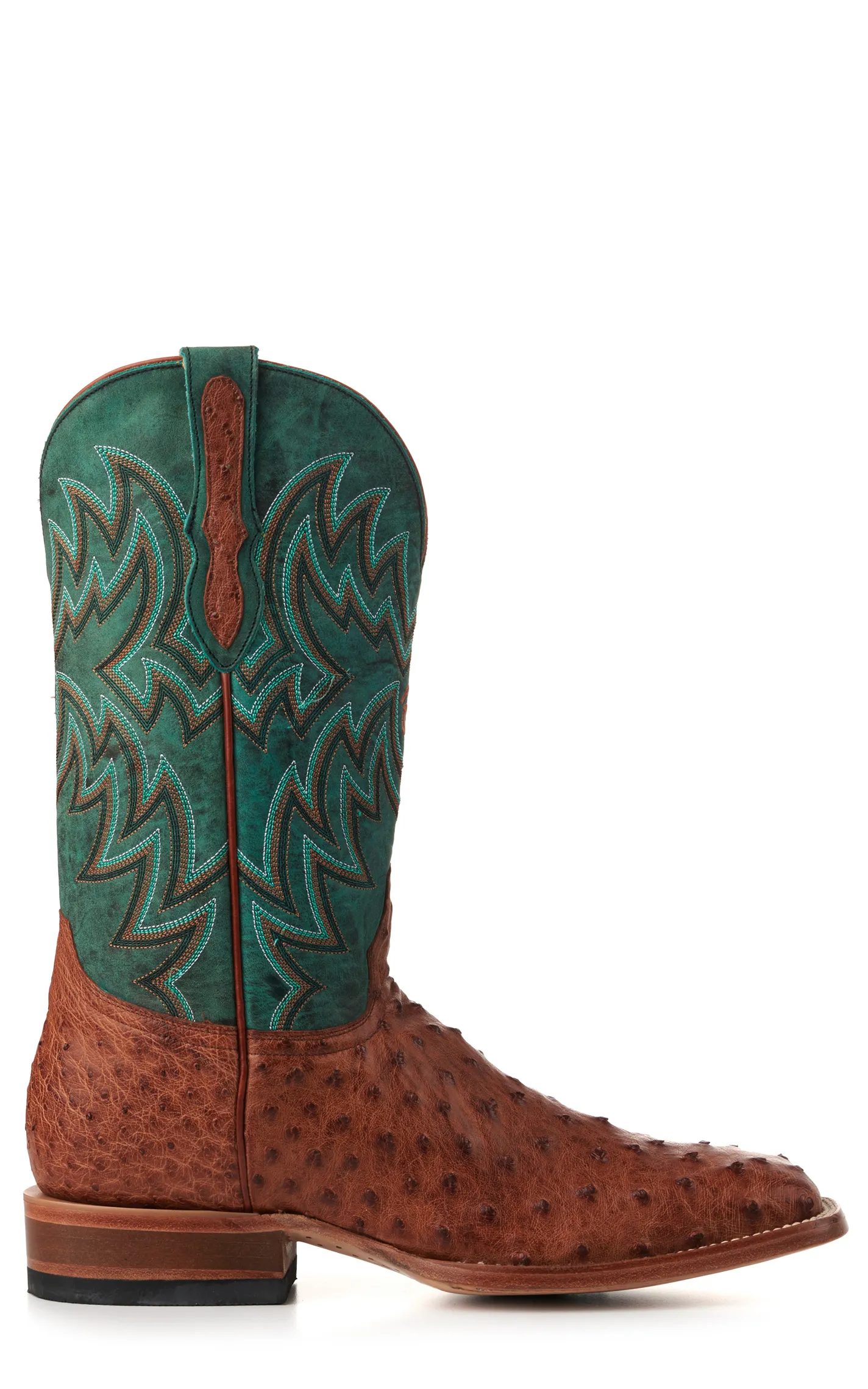 Cavender's Men's Green and Cognac Full Quill Ostrich Rafter C Wide Square Toe Exotic Cowboy Boots