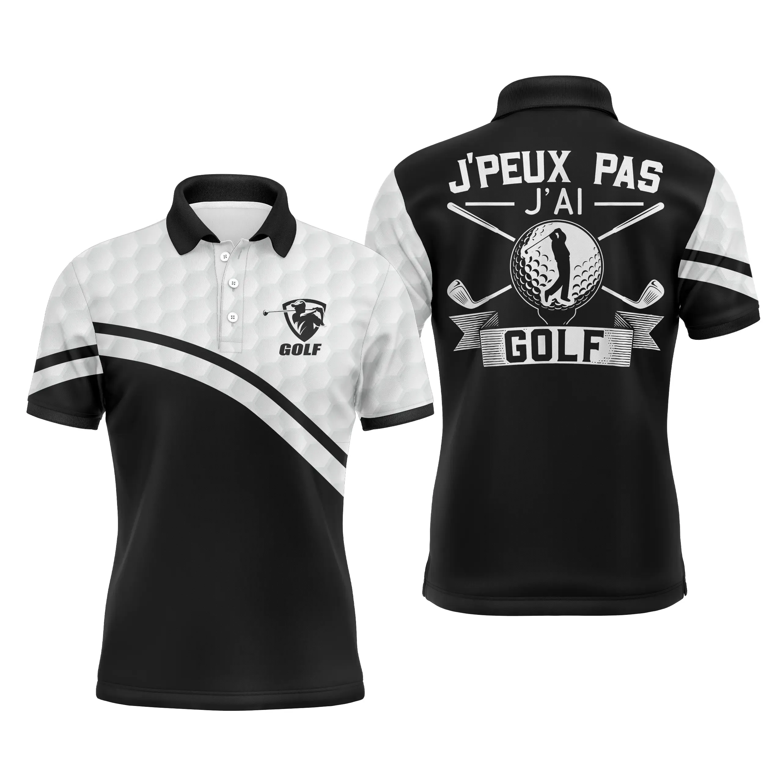 Chiptshirts Polo de Golf, Polo de Sport Manches Longues Homme Femme, Noir et Blanc, Motif Balle de Golf, Golfeur, Golfeuse, J'pe