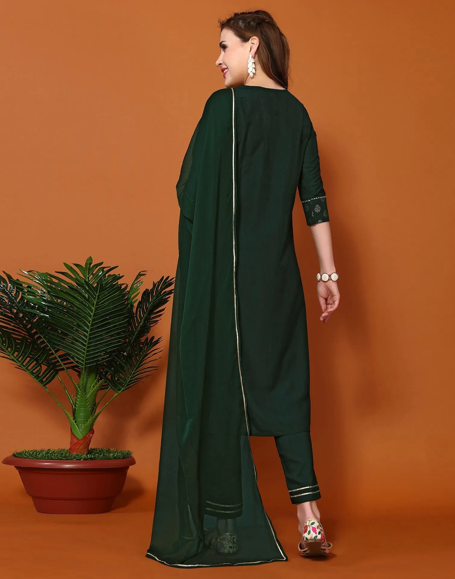 Dark Green Plain Chinnon Straight Kurta With Pant And Dupatta