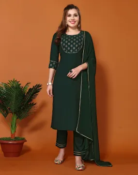 Dark Green Plain Chinnon Straight Kurta With Pant And Dupatta