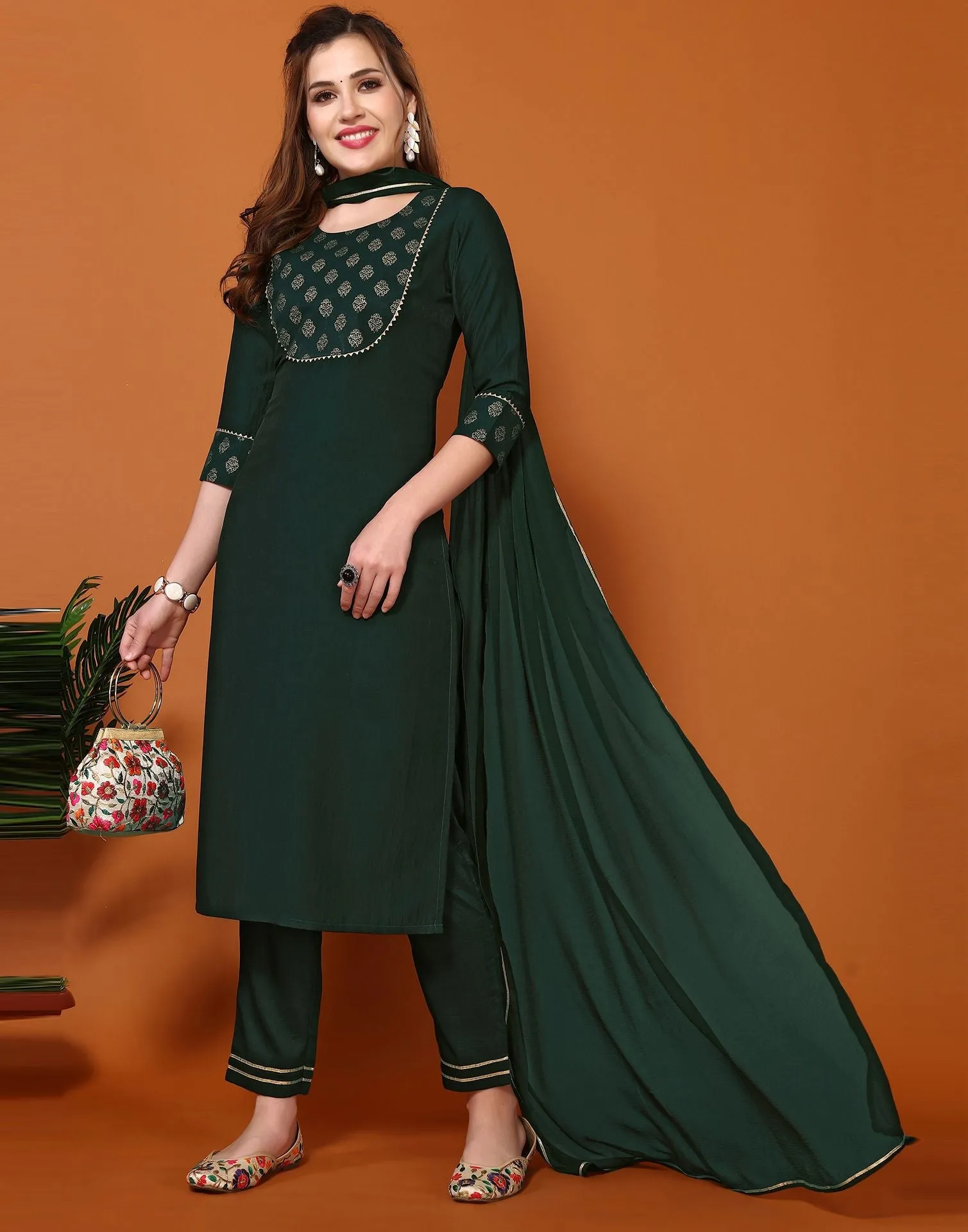 Dark Green Plain Chinnon Straight Kurta With Pant And Dupatta