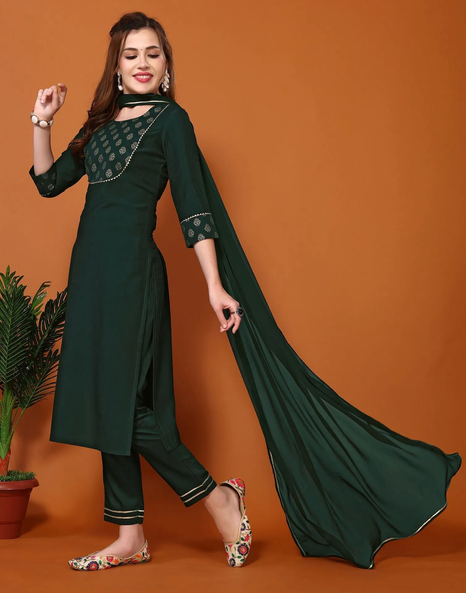 Dark Green Plain Chinnon Straight Kurta With Pant And Dupatta