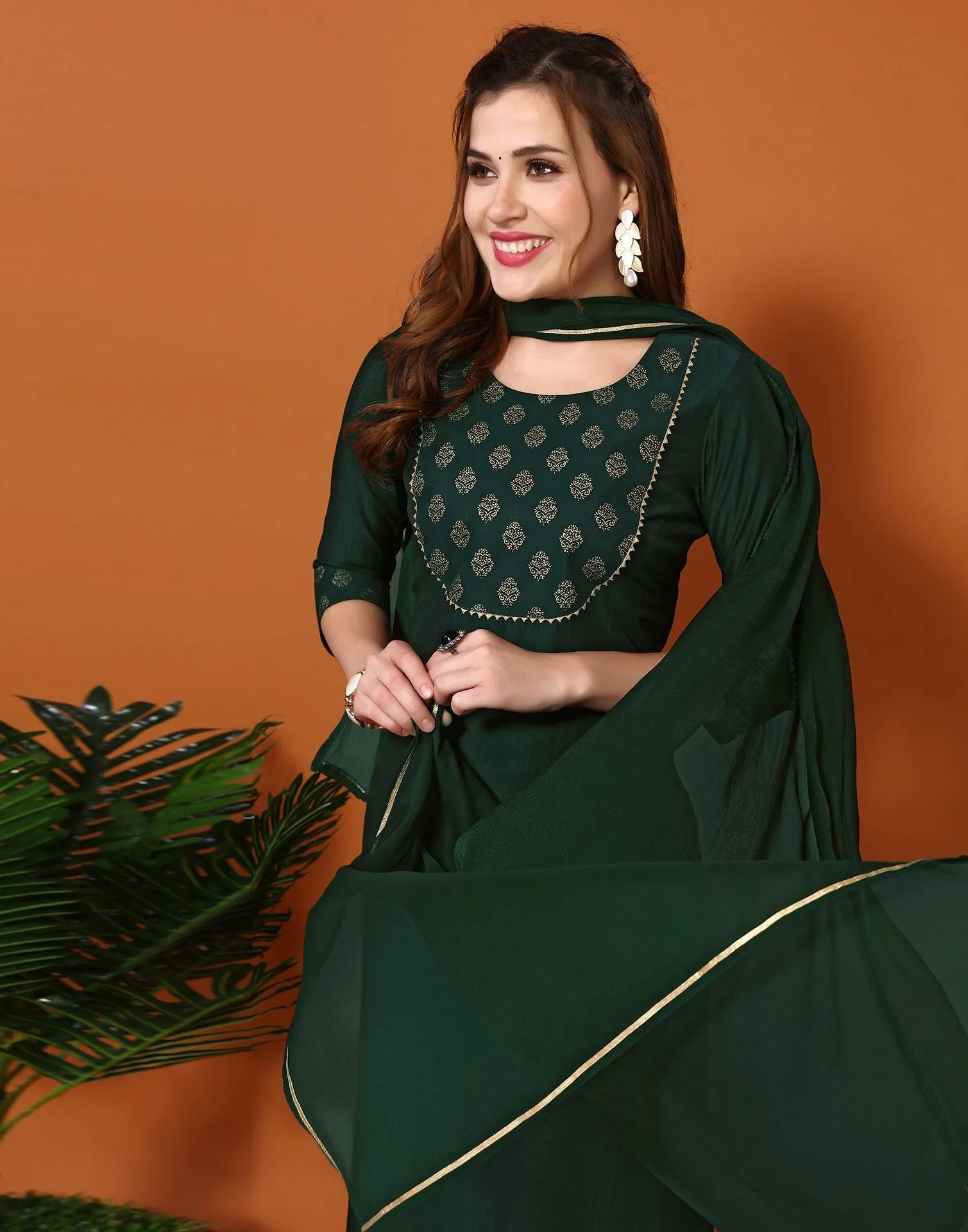 Dark Green Plain Chinnon Straight Kurta With Pant And Dupatta