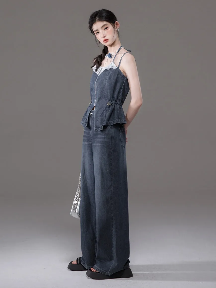 Double Strap Lace Stitch Denim Camisole ＆ Wide-Leg Jeans Set-up