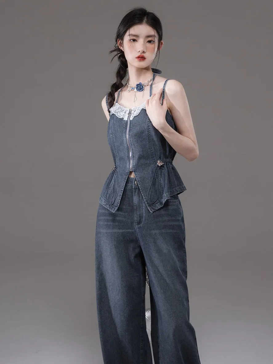 Double Strap Lace Stitch Denim Camisole ＆ Wide-Leg Jeans Set-up