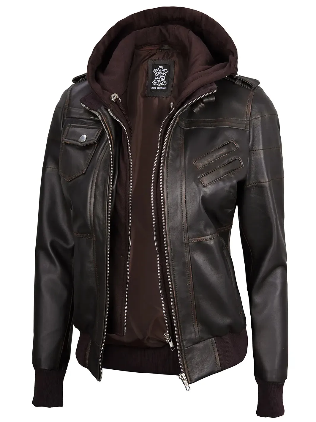 Edinburgh Rub Off Brown Leather Bomber Jacket With Removable Hood