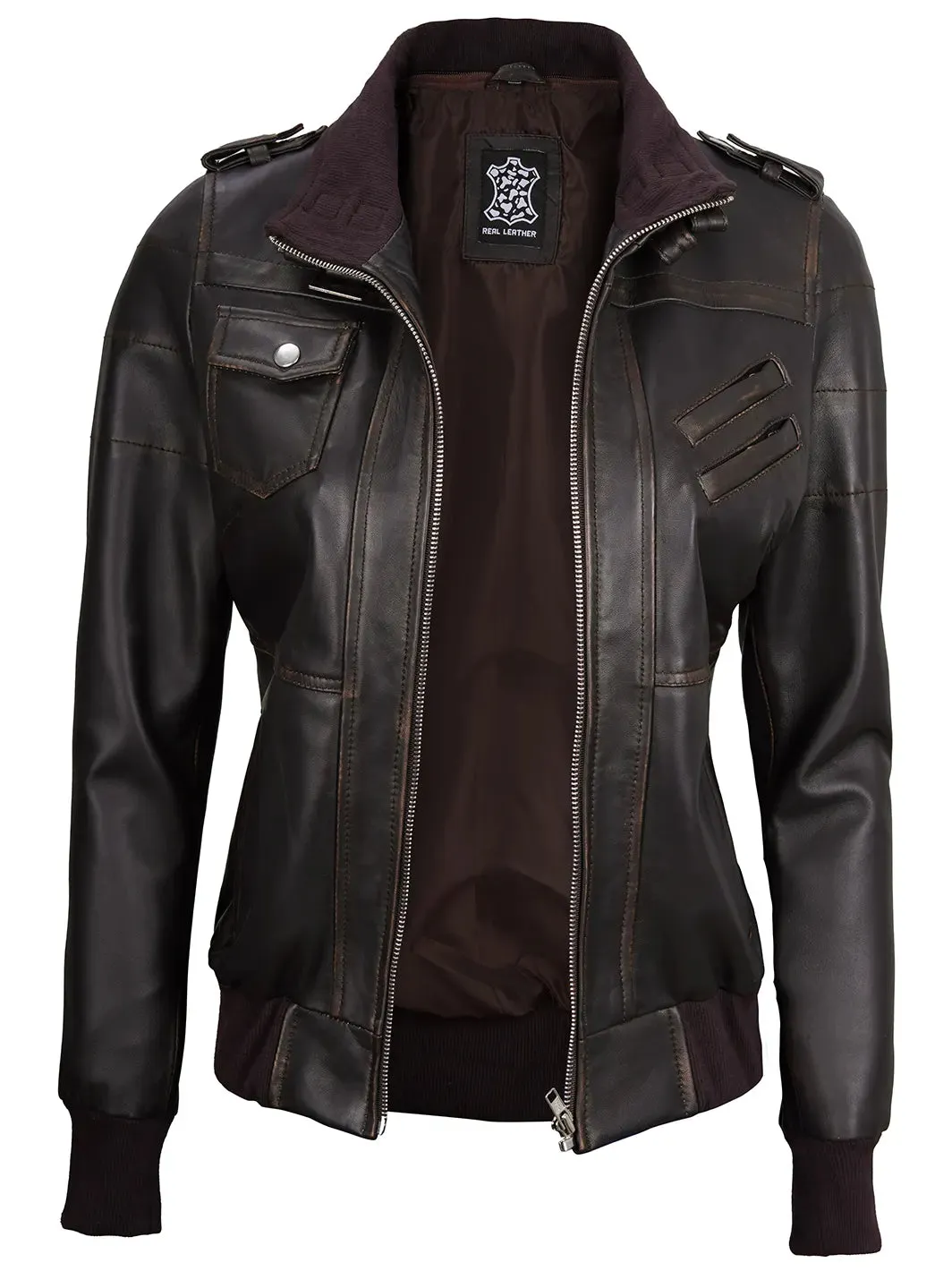 Edinburgh Rub Off Brown Leather Bomber Jacket With Removable Hood