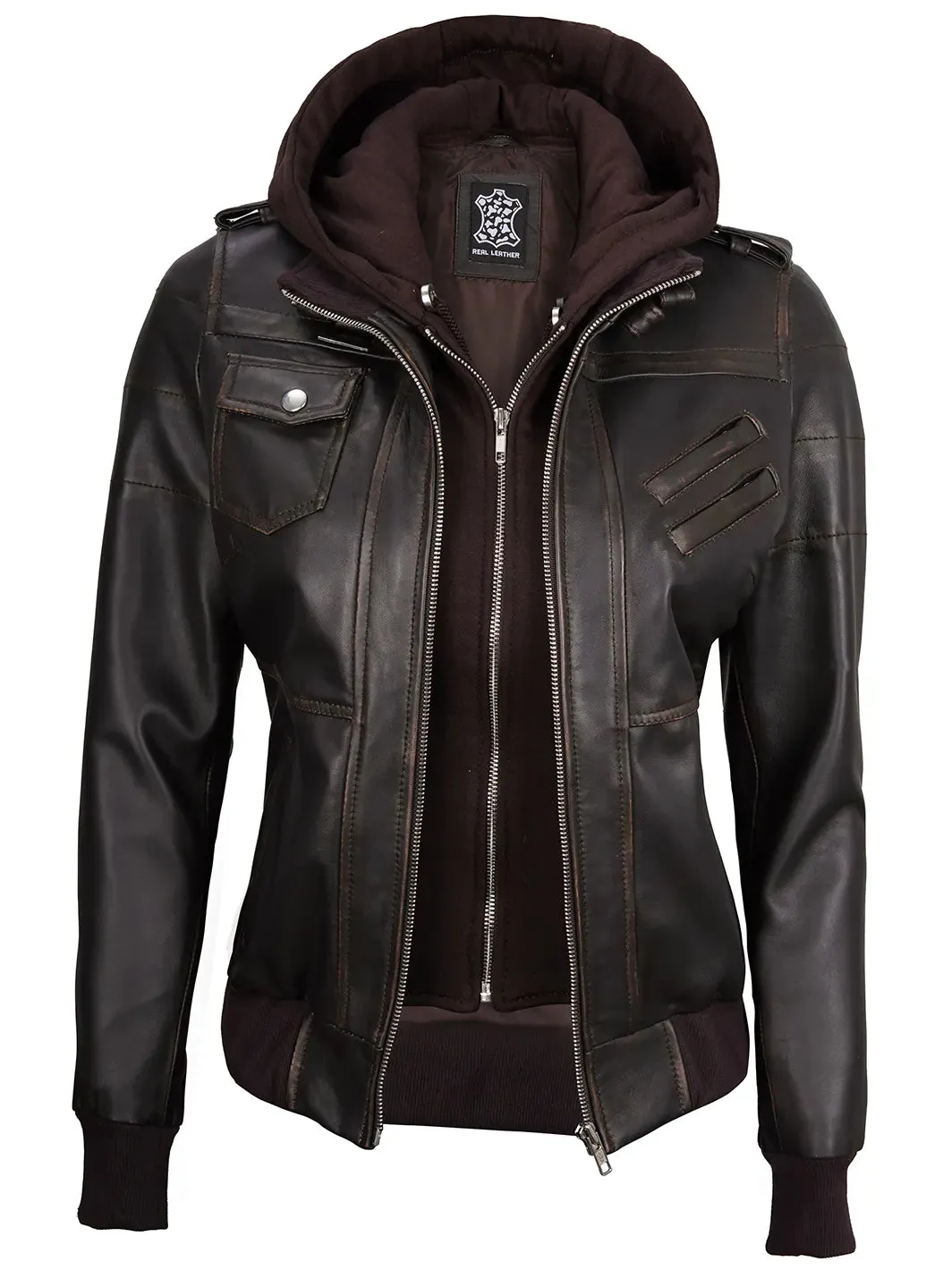 Edinburgh Rub Off Brown Leather Bomber Jacket With Removable Hood