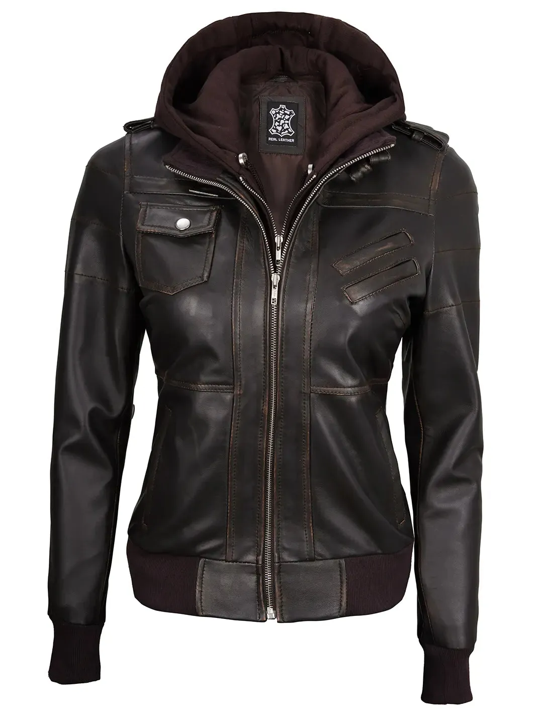 Edinburgh Rub Off Brown Leather Bomber Jacket With Removable Hood