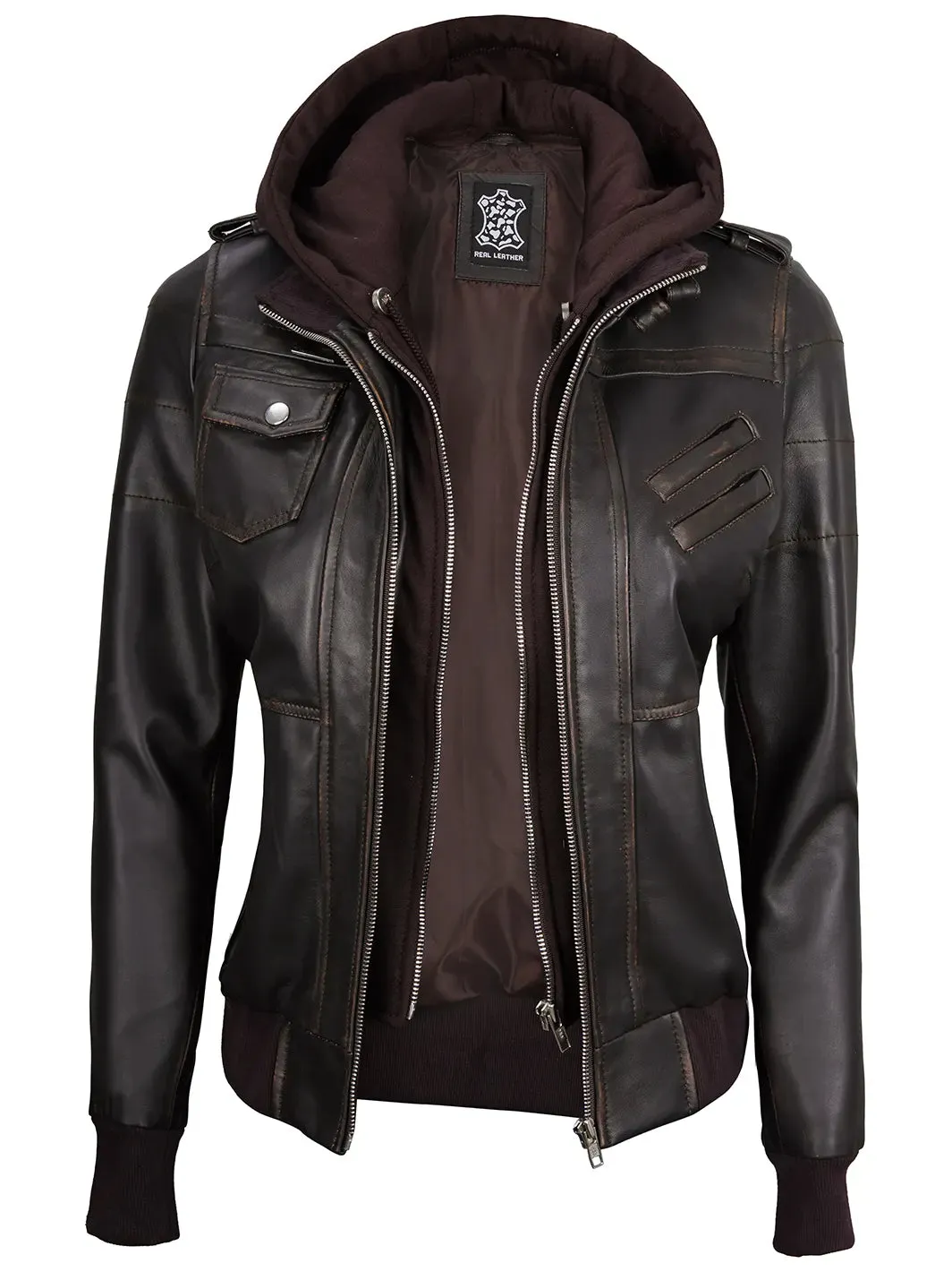 Edinburgh Rub Off Brown Leather Bomber Jacket With Removable Hood