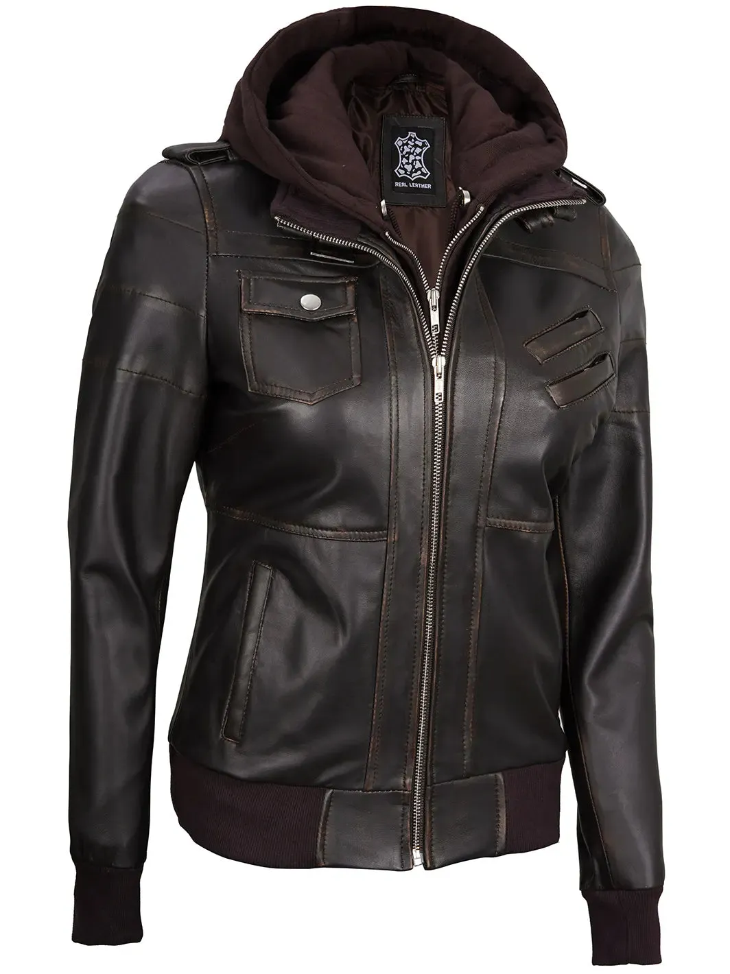 Edinburgh Rub Off Brown Leather Bomber Jacket With Removable Hood