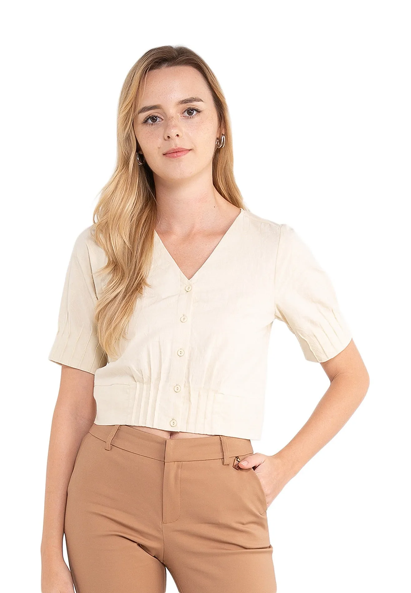 ELLE Apparel V Neck Button Details Sleeves Blouse