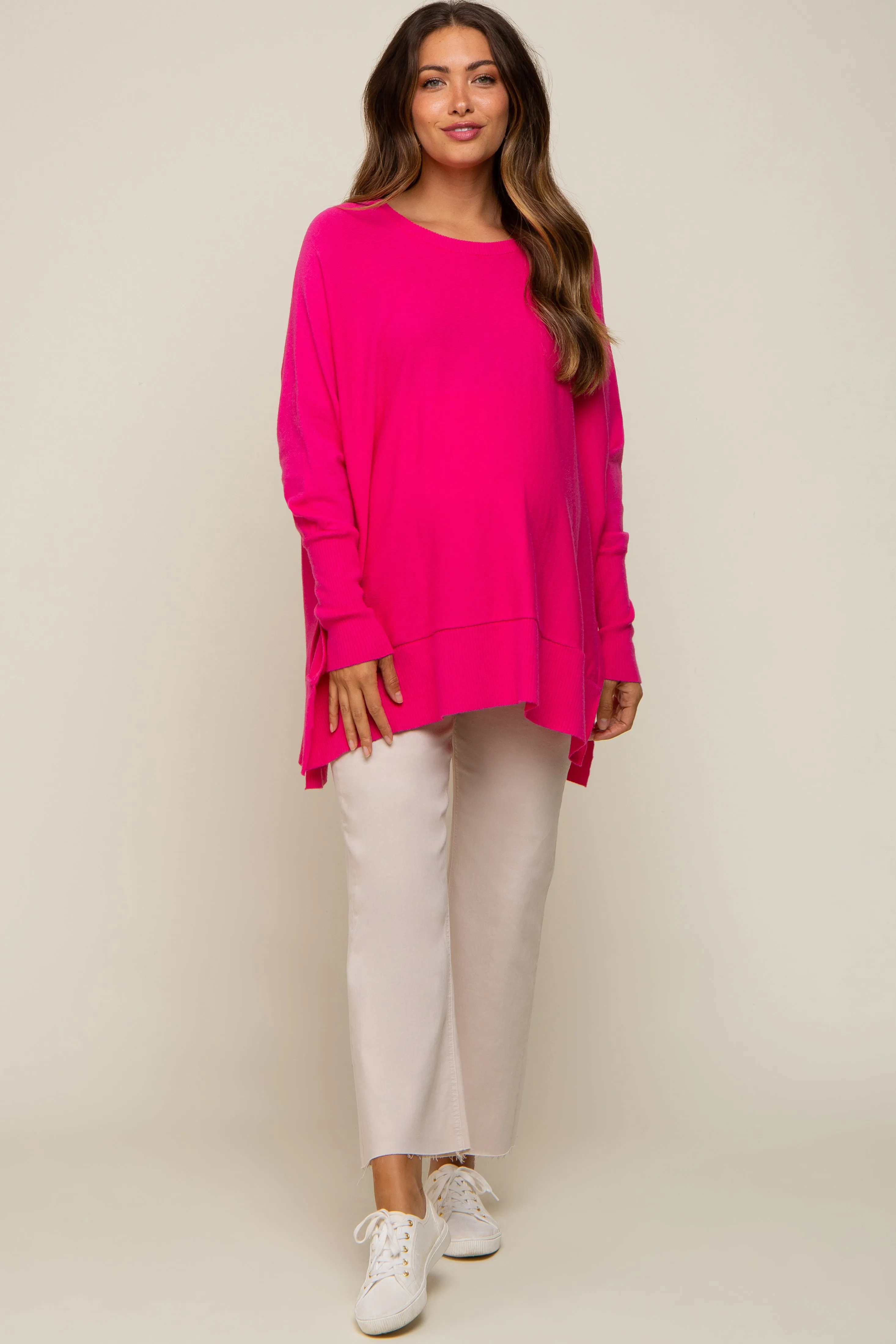 Fuchsia Dolman Sleeve Side Slit Maternity Sweater