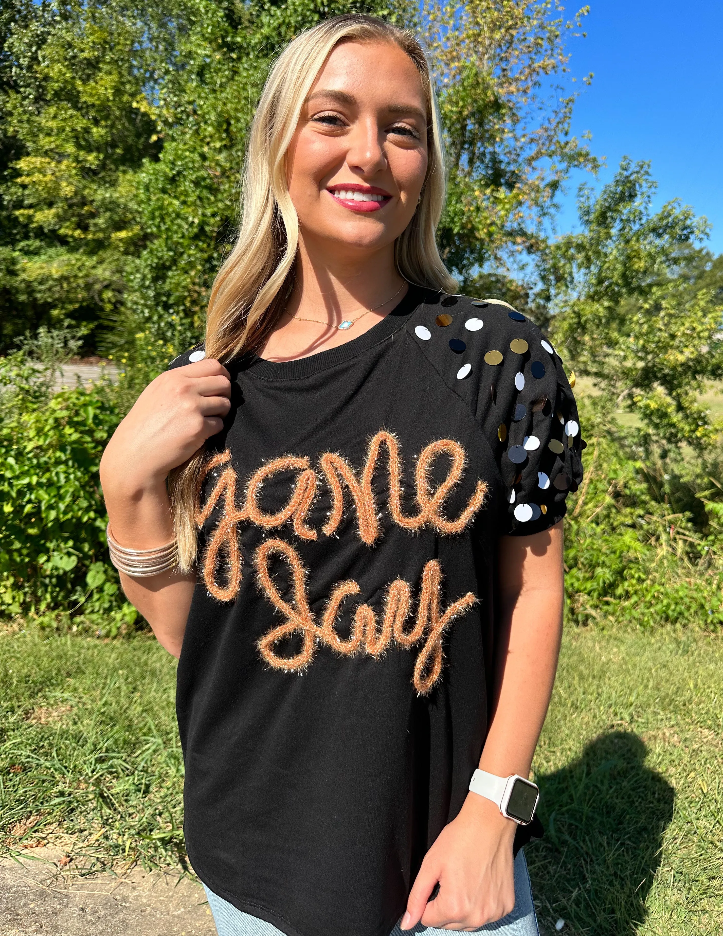 Game Day Metallic Letter Sweater