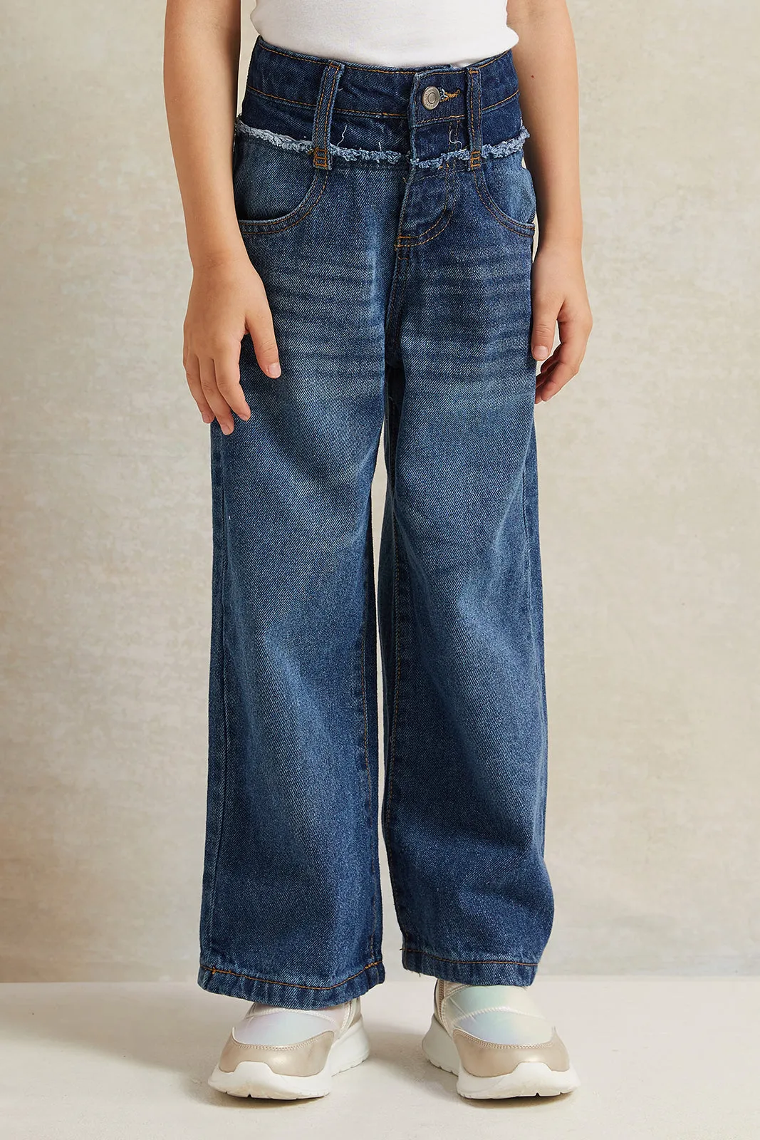 Girls Blue Wide Leg Double Waistband Denim Jeans