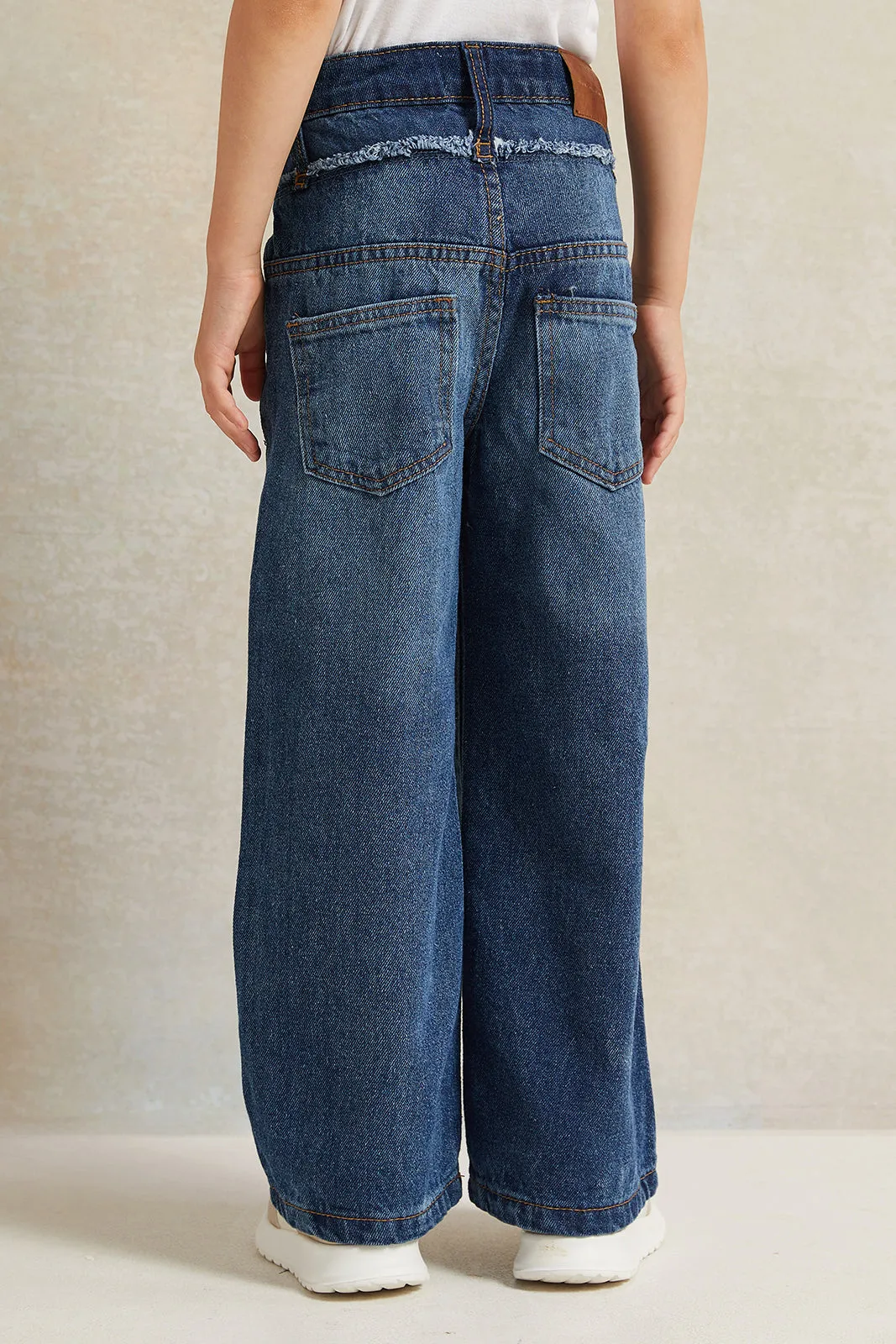 Girls Blue Wide Leg Double Waistband Denim Jeans