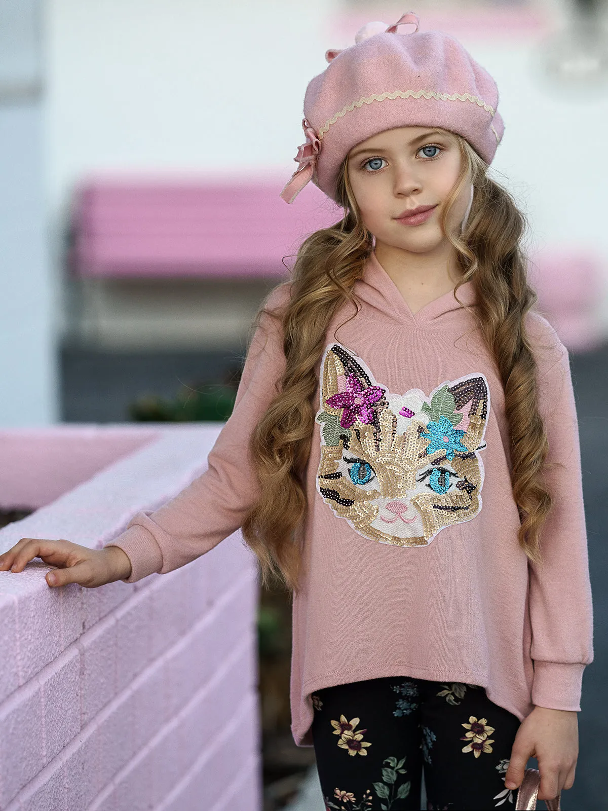 Girls Hi-Lo Sequin Cat Applique Hooded Sweatshirt And Floral Legging Set