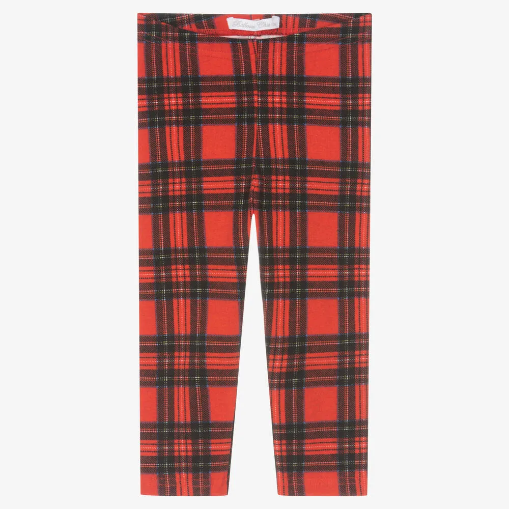 Girls Red Tartan Cotton Leggings