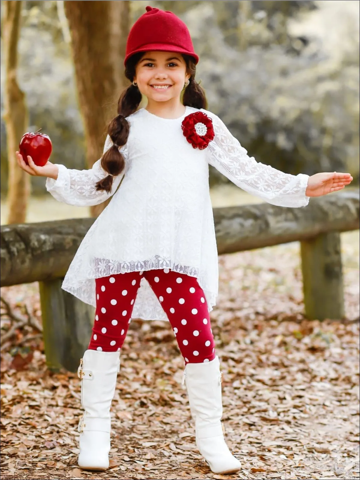 Girls White Lace Long Sleeve Hi-Lo Tunic And Polka Dot Legging Set