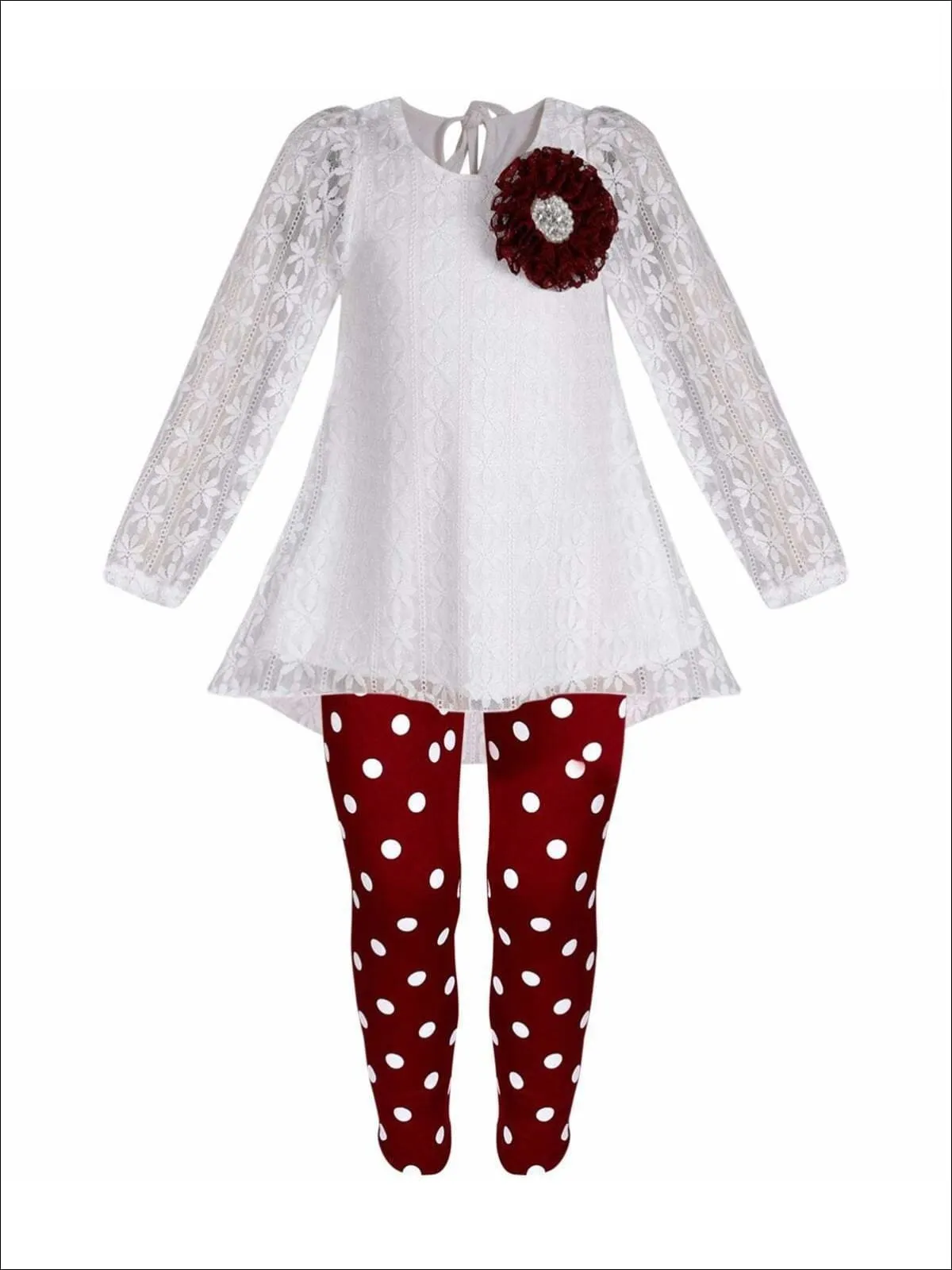 Girls White Lace Long Sleeve Hi-Lo Tunic And Polka Dot Legging Set