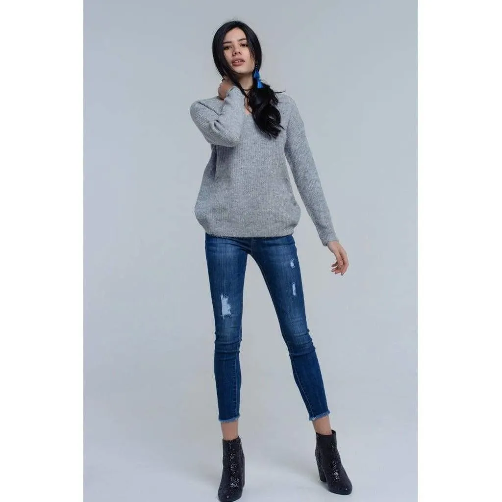 Gray Knitted Sweater with Tie-Back Closure