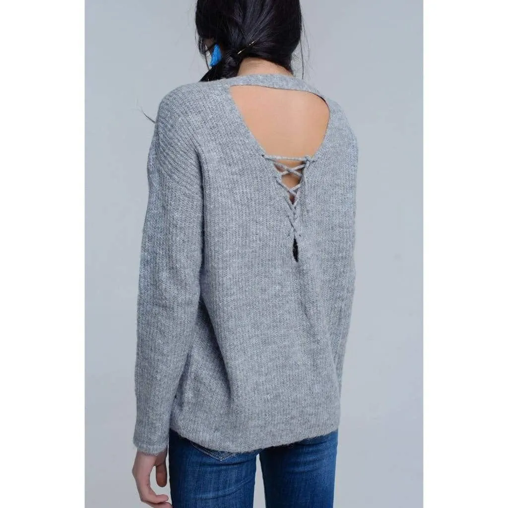 Gray Knitted Sweater with Tie-Back Closure