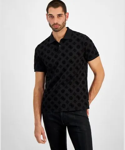 Guess Men's Relaxed-Fit Flocked Peony Logo Polo Shirt