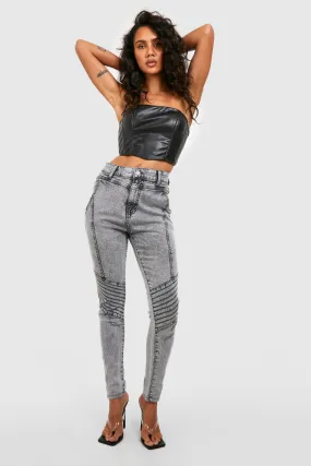 High Waisted Acid Wash Biker Skinny Jeans